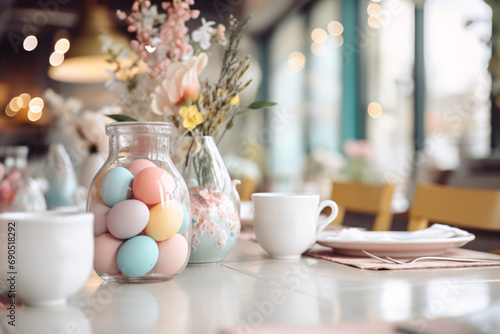 Soft pastel-colored empty brunch table close-up, the interior of a cozy cafe with Easter-themed decorations in the background, ready for a delightful Easter Day brunch promotion...