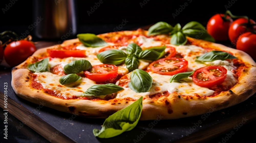 a sumptuous image of a perfectly baked Margherita pizza