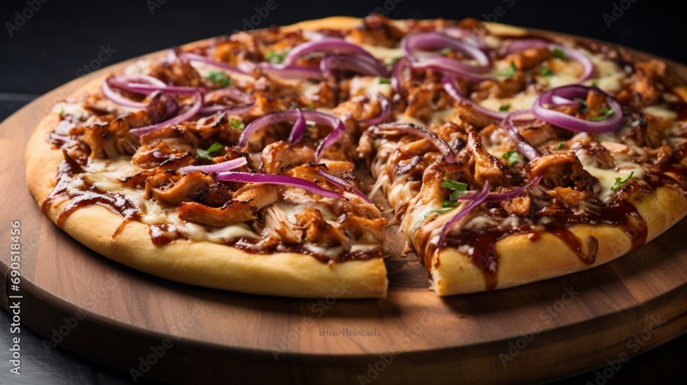a tempting snapshot of a loaded barbecue chicken pizza, highlighting grilled chicken, red onions, barbecue sauce, and melted cheese