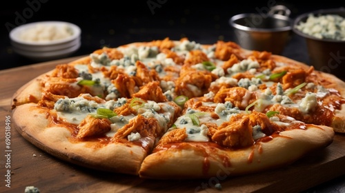 a visually pleasing snapshot of a buffalo chicken pizza, showcasing tender pieces of buffalo chicken, blue cheese crumbles, and a spicy buffalo sauce