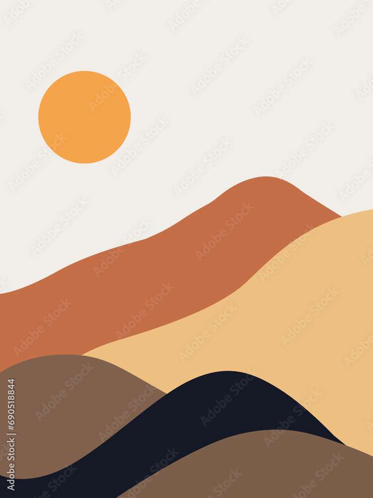 Abstract contemporary landscape boho wall art vector. Modern boho nature landscape wall art with the sun, sky, and mountains.