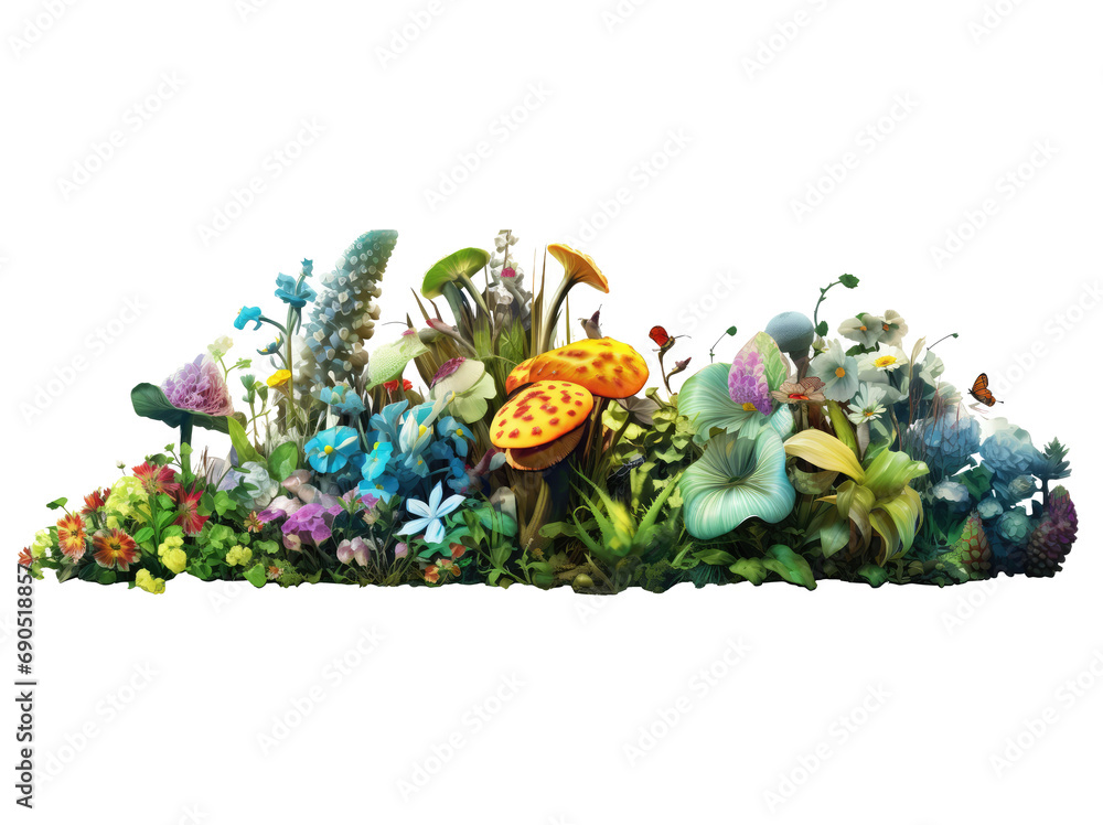 Beautiful greenish plant from forest, with beautiful multicolored flowers isolated on transparent background