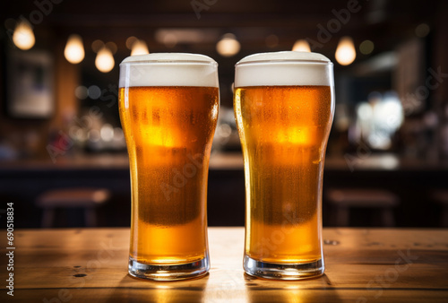 Two glasses of cold beer on the table. AI generated images