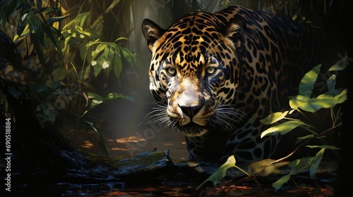 the stealth and predatory gaze of a hunting jaguar in the dense rainforest
