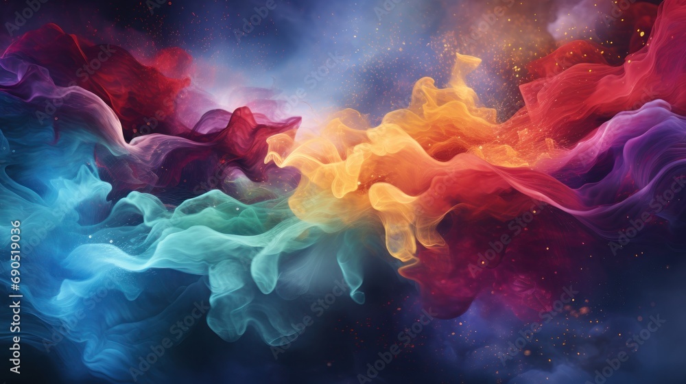 a multicolored cloud of smoke floating in the air with a blue sky in the back ground and a red, orange, yellow, blue, pink, and green, and pink cloud in the middle. a multicolored cloud of smoke floating in the air with a blue sky in the back ground and a red, orange, yellow, blue, pink, and green, and pink cloud in the middle.