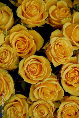 A captivating close-up of a lush bouquet of radiant yellow roses  their petals unfurled in full bloom  set against a stark black background