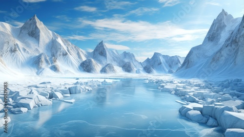  a large body of water surrounded by snow covered mountains and ice - covered rocks under a blue sky with wispy clouds.