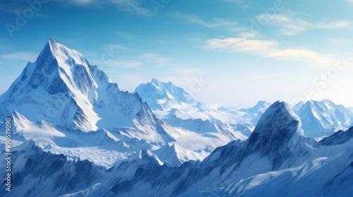  a mountain range covered in snow under a blue sky with a bird s eye view of the top of the mountain.
