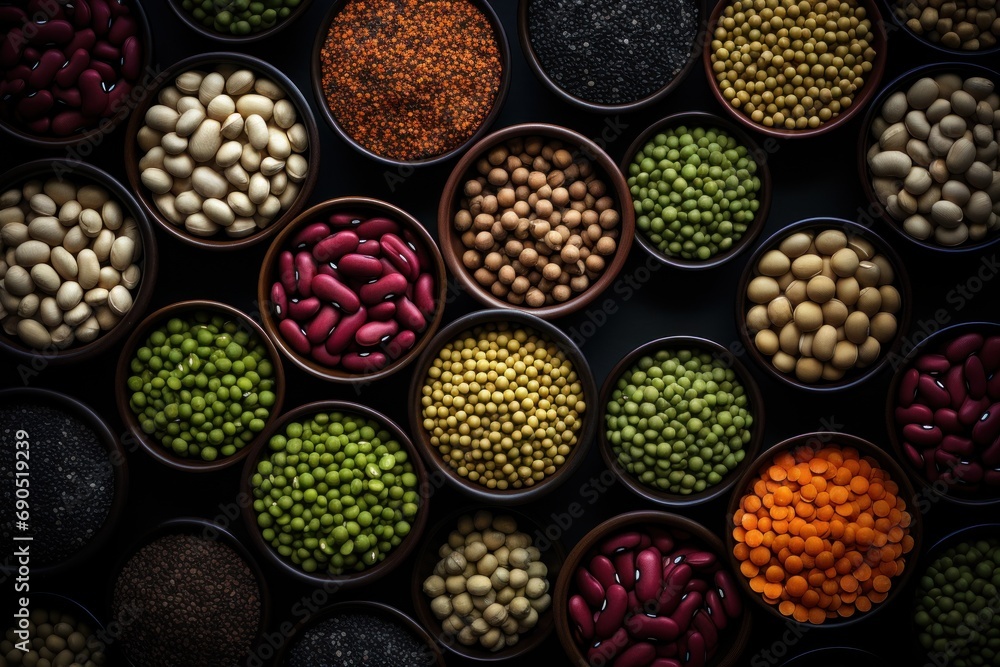 a group of bowls filled with lots of different types of beans next to each other on top of a table. a group of bowls filled with lots of different types of beans next to each other on top of a table.