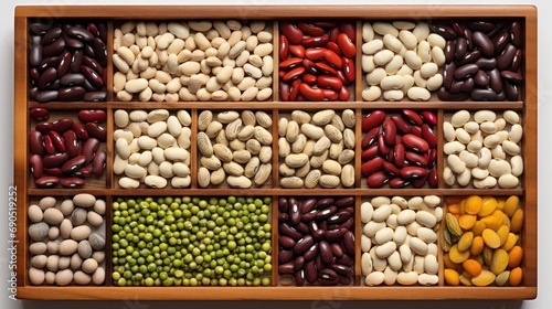  a wooden box filled with lots of different types of beans and beans next to another box of beans and peas.