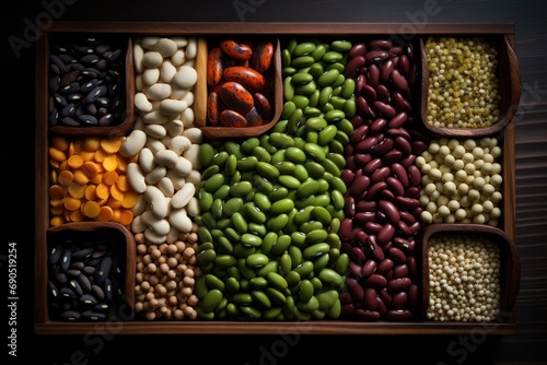  a wooden box filled with lots of different types of beans and beans next to a wooden container filled with different types of beans.