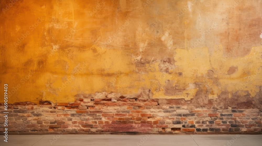 a red fire hydrant sitting on the side of a brick wall next to a wall with peeling paint on it. a red fire hydrant sitting on the side of a brick wall next to a wall with peeling paint on it.