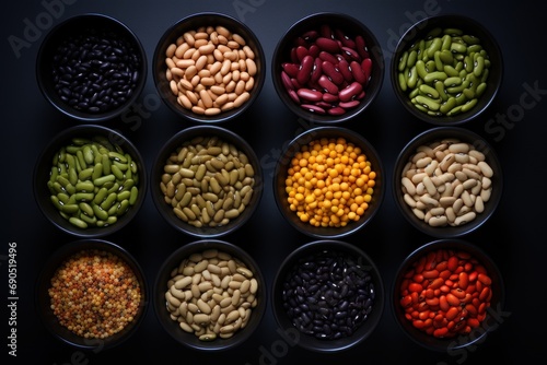  a bunch of different types of beans in small black bowls on a black surface with different colors of beans in them.