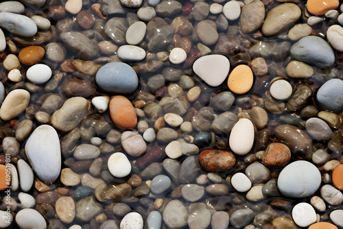 Seamless pattern with stones lie in the water. Light ripples. Top view. Background texture