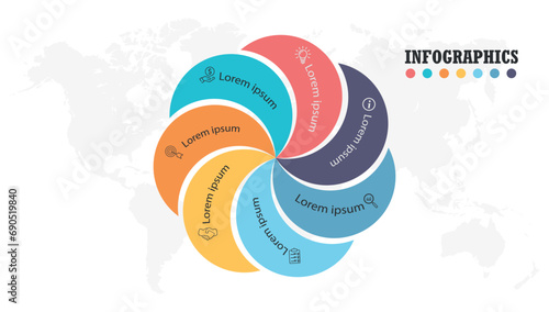 Circular infographics step by step with colored sections. Flat rounded, twisted pie chart with 7 steps, options, parts, processes. Vector circle template in cream and orange. photo