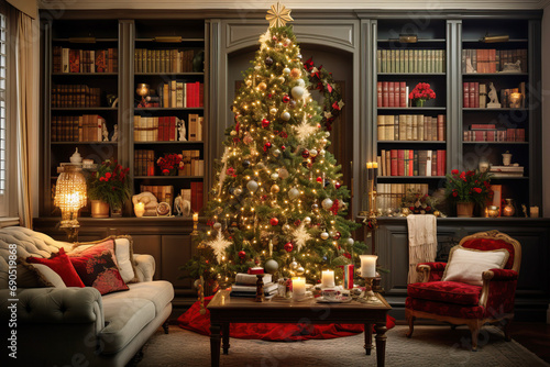 Vintage Christmas tree adorned with antique ornaments, tinsel, and classic string lights, cozy living room setting with vintage furniture, a fireplace
