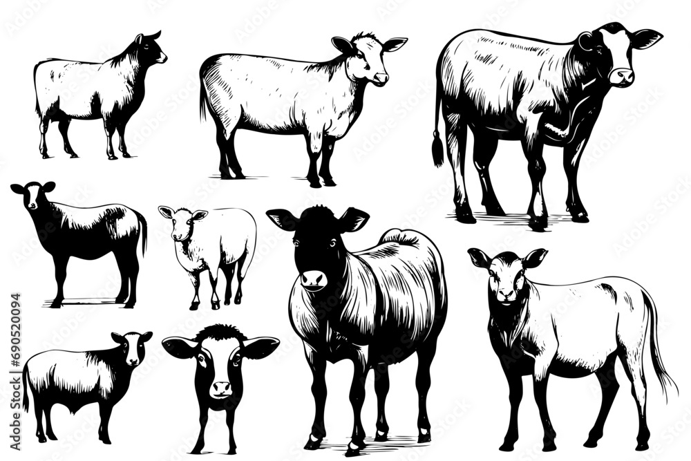 Farm animals collection illustration drawing style, sketch