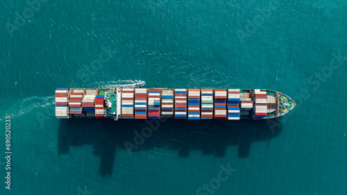 Aerial view container cargo maritime ship freight shipping by container cargo ship, Global business import export commercial trade logistic container cargo freight shipping. photo