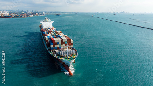 Aerial view container cargo maritime ship freight shipping by container cargo ship, Global business import export commercial trade logistic container cargo freight shipping.