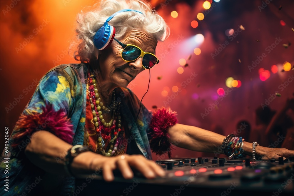 Funky DJ grandmother dancing and playing electro music on turntable. Dynamic senior lifestyle concept : Sunset of life in colors.