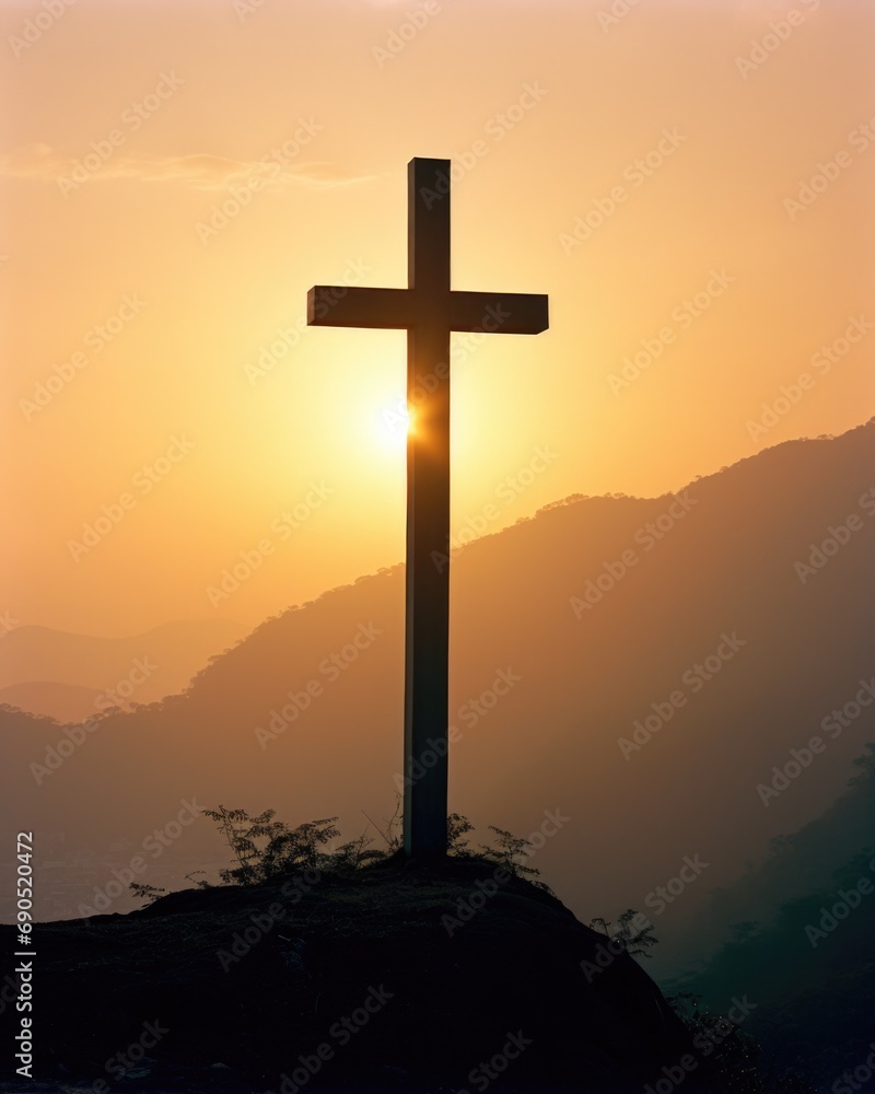 A cross is seen on top of a hill at sunset. Generative AI.