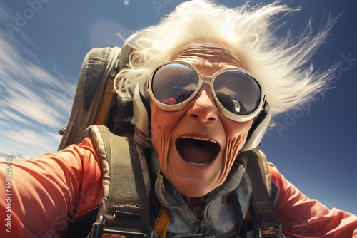 old woman flies on parachute, extreme sport concept, active lifestyle