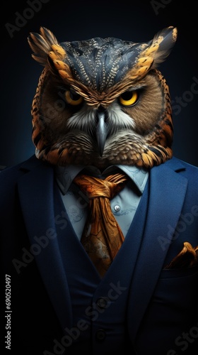 an owl is sitting in a suit and ties, in the style of bio-art, exotic birds, humorous tableau, dark blue and bronze, colorized, soviet, duckcore  photo