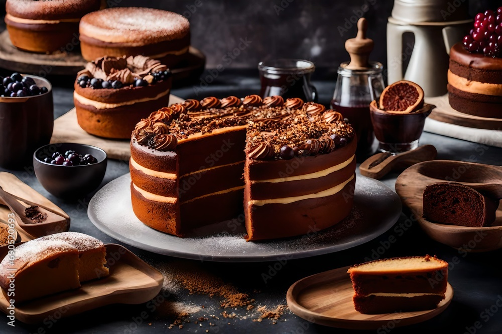chocolate cake with nuts and coffee