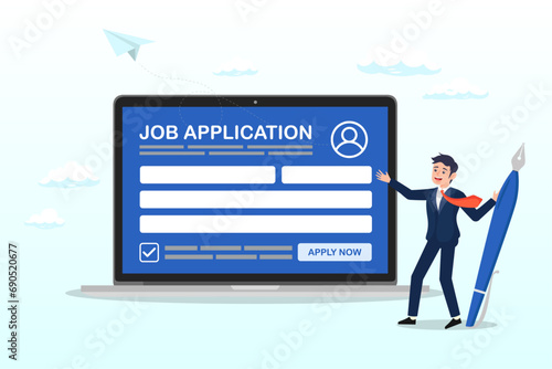 Businessman hold pencil fill in computer job application form, online job application, career or employment submission form, candidate recruitment, job search or resume and CV document upload (Vector)