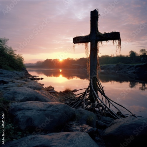 A cross sits on the shore of a river at sunset. Generative AI.