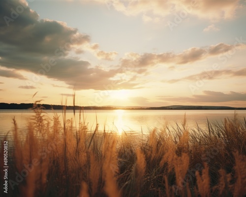 A sunset over a lake with tall grass. Generative AI.