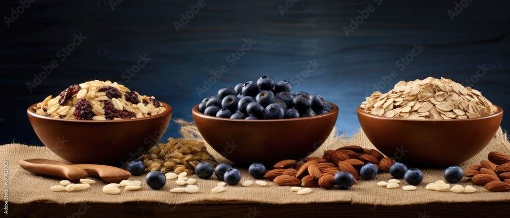 Three bowls of oats, blueberries and almonds. Generative AI. Three bowls of oats, blueberries and almonds. Generative AI.