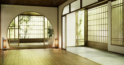 Circle window japan style on Empty room minimalist room interior.