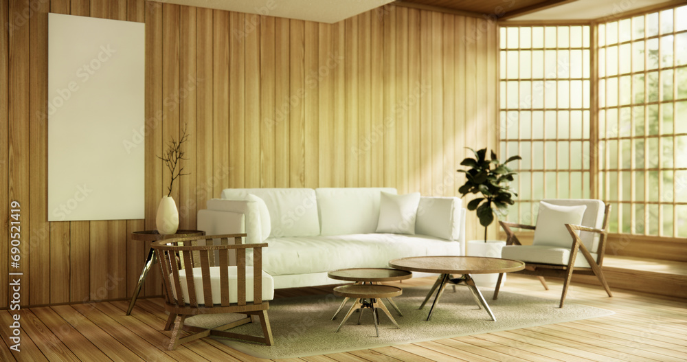 Fototapeta premium Wooden Arm chair and partition japanese on room tropical interior.3d rendering