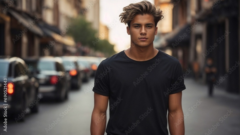 Attractive casual man walking at the street with black cotton shirt