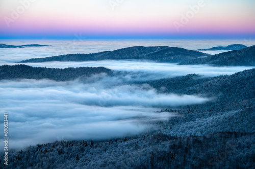 Beautiful winter mountain landscape. Moody sunset seen from the Mount Smerek in the Bieszczady National Park  Poland.
