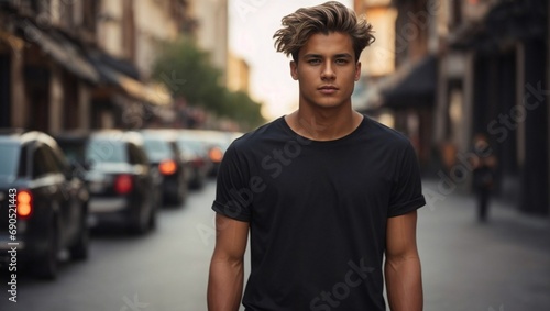 Attractive casual man walking at the street with black cotton shirt