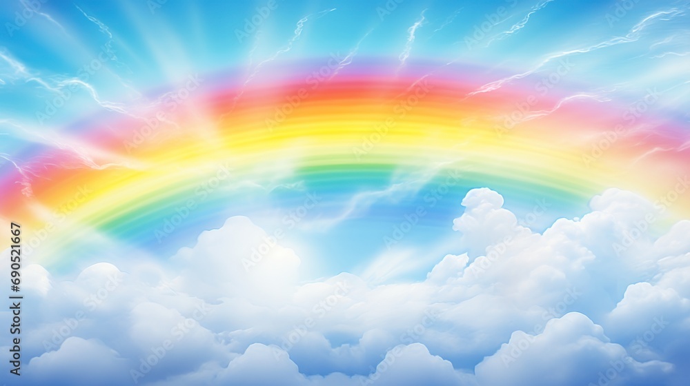 a rainbow in the sky with clouds in the foreground and a blue sky with white clouds in the background. a rainbow in the sky with clouds in the foreground and a blue sky with white clouds in the background.
