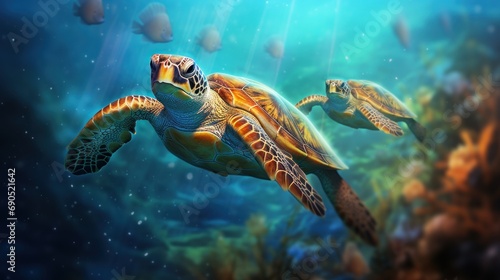  a painting of a green sea turtle swimming in the ocean with corals and other marine life in the background. © Jevjenijs