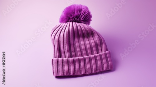  a purple knitted hat with a purple pom - pom on top of it on a purple background.