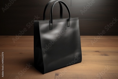  a black tote bag sitting on top of a wooden table with a light shining on the top of it.