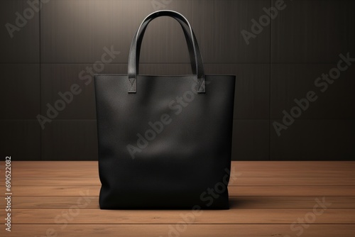  a black leather tote bag sitting on top of a wooden table in front of a black wall with a light on it.