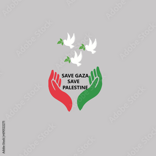 Save Gaza. Flat design first to free Palestine. Flag design with Sign, symbol, icon, or logo. Save Palestine typography vector Illustration. Save humanity, freedom, support, patriotism, protest. 