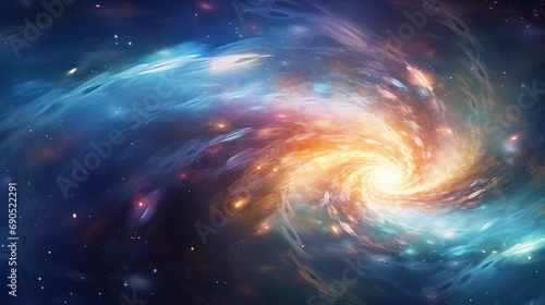  an image of a space scene with stars and a spiral shaped object in the middle of the image with a blue background.