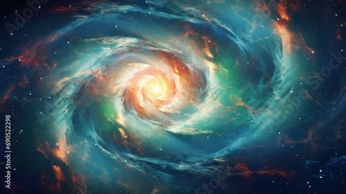  a painting of two spirals in the center of a blue, green, red and orange galaxy with stars in the background.