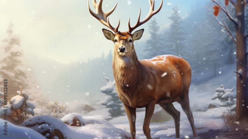 a painting of a deer standing in a snowy forest with snow falling on the ground and trees in the background. a painting of a deer standing in a snowy forest with snow falling on the ground and trees in the background.