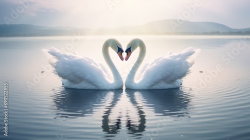  a couple of white swans floating on top of a lake next to a lush green forest under a blue sky.