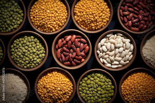  a group of bowls filled with different types of beans and beans next to each other on top of a table.