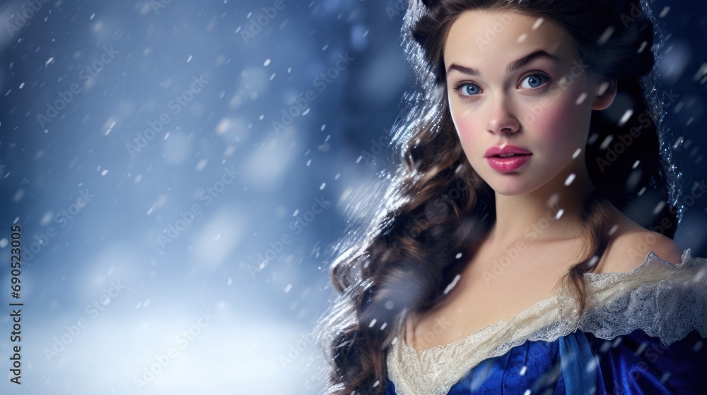 a close up of a person wearing a blue dress and holding an umbrella in the snow with snow falling on her. a close up of a person wearing a blue dress and holding an umbrella in the snow with snow falling on her.