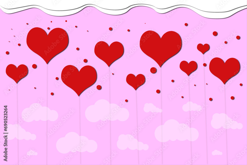 Valentine's Day.Vector card, banner, greeting telegram, poster. Pink hearts with clouds, volumetric vector illustration for Valentine's Day